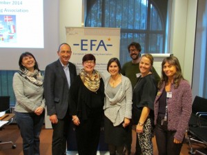 Eva E. Aldrich, M.A., CFRE (center), joined by E.F.A. leadership. Rear: Andrea Caracciolo di Feroleto, Front From Left: Svitlana Kuts, Günther Lutschinger, Becky Gilbert, Maria Ros Jernberg, and Beatrice Schell 