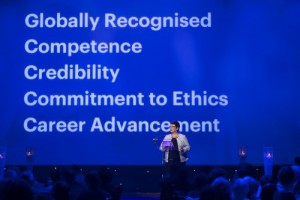 Eva E. Aldrich, M.A., CFRE speaks during the opening of the 2015 Global Awards for Fundraising